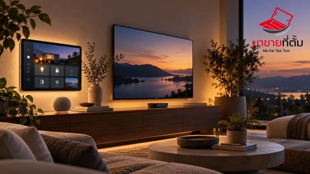 Conceptual smart-home hub, speaker and television in a living room